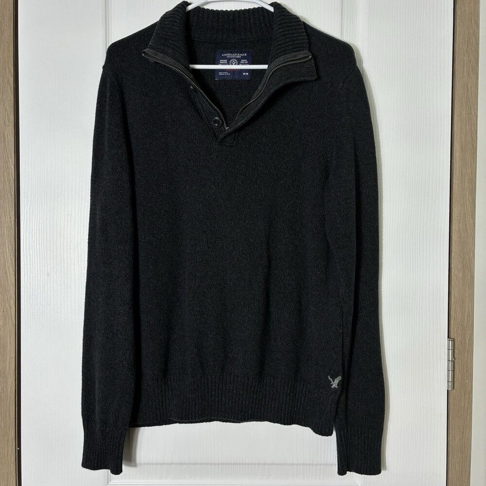 AMERICAN EAGLE OUTFITTERS Sweater Mens M Athletic Fit 100% Cotton 1/4 Zip Black
